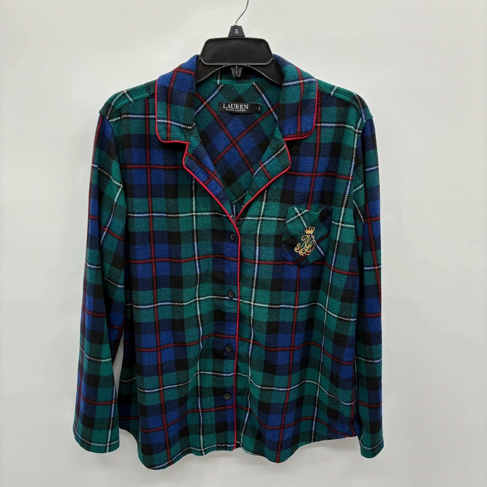 Lauren Ralph Lauren Pajama Top Womens L Green Blue Plaid Fleece Button Front
